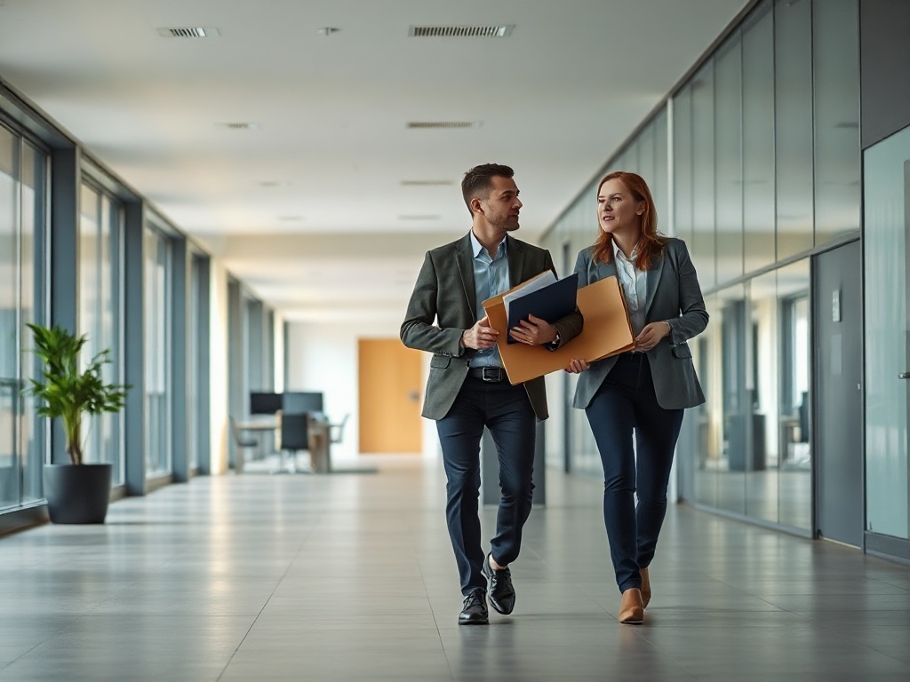 Candid photo of two professionals walking through a bright open-plan office corridor in Warsaw