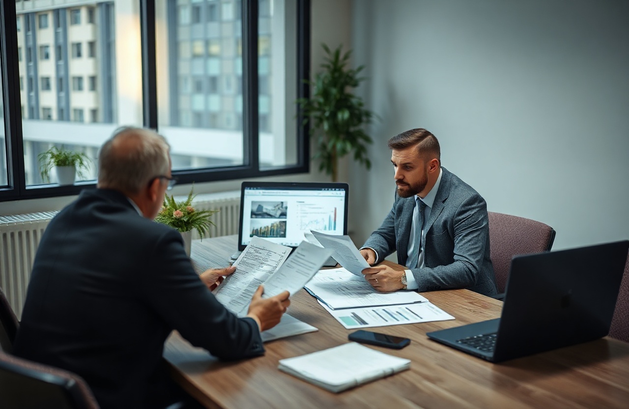 Documentary photo of a business consultant and a manager sitting at a conference table in a modern Warsaw office